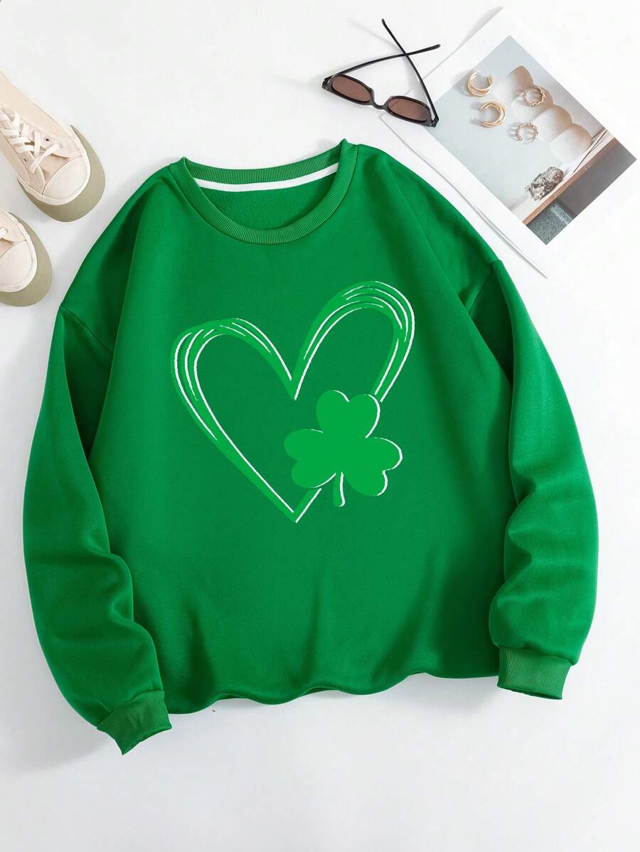 SHEIN EZwear Kích thước lớn Của phụ nữ Lông cừu In Trái tim Áo nỉ - màu xanh lá - Xem 1