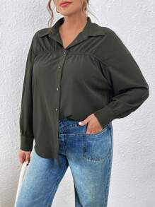SHEIN Essnce Camisa De Manga Larga De Color Liso De Talla Grande - Verde Oscuro - Ver 6