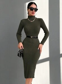 RueChic Enges Strickkleid Mit Hohem Halsausschnitt Für Damen - Dunkelgrau - Übersicht 6