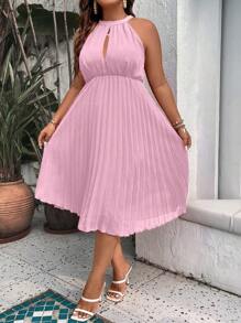 Franclia 大尺寸鎖孔領口和褶襉掛脖連身裙 - 粉色 - 查看 1