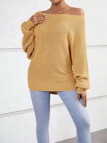 SHEIN Essnce 女士不对称领口蝙蝠袖毛衣 - 卡其色 - 查看 5