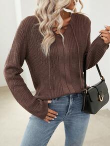 EMERY ROSE 女士系帶前扣式梳肩長袖毛衣 - 棕色 - 查看 5