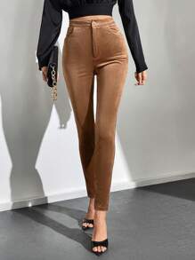 SHEIN Tall Women'S Pocketed Pencil Pants - Coffee Brown - View 3