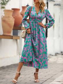 SHEIN LUNE 花卉印花荷叶边袖和收腰细节连衣裙 - 彩色 - 查看 5