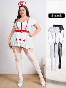 Combinación De Accesorios De Lencería De Talla Grande Para Fiestas, 2 Pares De Medias Sexys De Liga En Blanco Y Negro - Multicolor - Ver 1