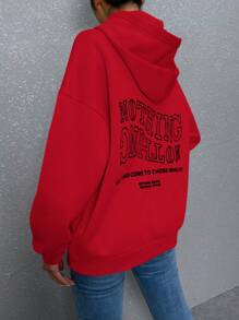 SHEIN PETITE Women's Hooded Fleece Sweatshirt With Slogan Print - Burgundy - View 3