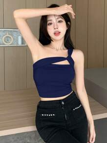 Dazy Star Hollow Out One Shoulder Crop Top Festival Summer Going Out Tops - Navy Blue - View 4