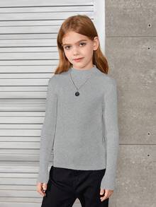 SHEIN 女童優雅半高領經典套頭毛衣，長袖款式 - 灰色 - 查看 3