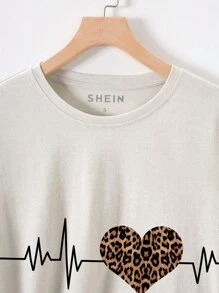 SHEIN Unity Women's Leopard Print Heart-shaped Pattern Short Sleeve T-shirt - Light Grey - View 3