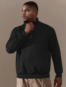 SHEIN Manfinity Homme 男士加大號半拉鍊套頭衫,設有斜肩袖 - 黑色 - 查看 5