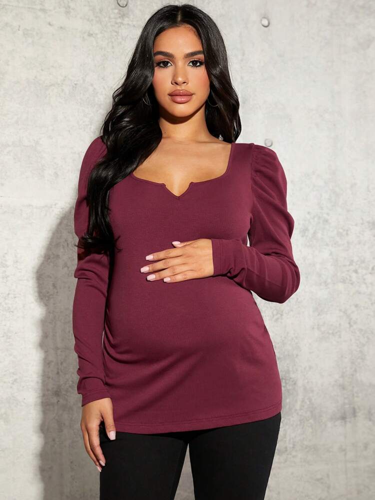 Maternity Notched-Neck Puff Sleeve T-Shirt