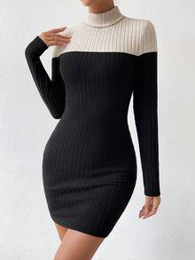 SHEIN Privé Của phụ nữ Áo cao cổ Khối màu Sọc Đầm - màu đen - Xem 3