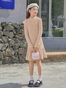 SHEIN 青少女質感肋紋高領裙連褶邊和按鈕裝飾 - 卡其色 - 查看 6