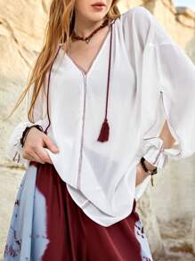 SHEIN BohoFeels 拉鍊燈籠袖度假女裝襯衫 - 白色 - 查看 1