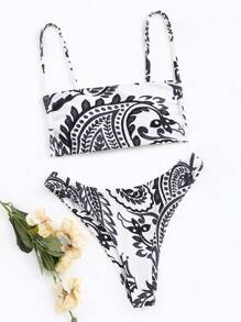 SHEIN Swim Summer Beach Geometric Print Cami Bikini Set - Black and White - View 1