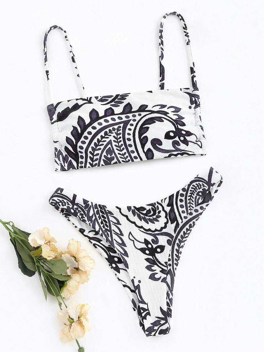 SHEIN Swim Summer Beach Geometric Print Cami Bikini Set - Black and White - View 1