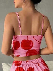 蝴蝶結裝飾櫻桃印花睡衣上衣 - 西瓜粉 - 查看 2
