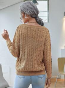 SHEIN LUNE 女士V领爱心圣诞图案毛衣，适合机场/工作/旅行，冬季圣诞毛衣 - 卡其色 - 查看 2