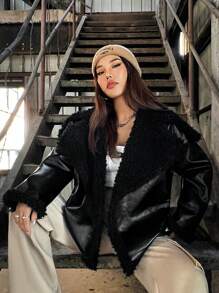 SHEIN X MariajoseGi SHEIN EZwear Women's Faux Leather Jacket With Faux Shearling Collar - Black - View 5