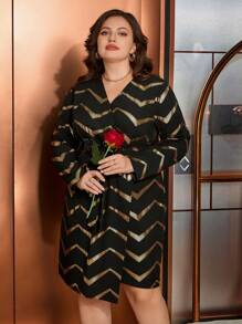 SHEIN Clasi 大尺碼裹領長袖連身裙 - 黑色 - 查看 5