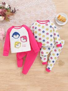 SHEIN 4pcs Set Of Baby Girl Snug Fit Cute Cartoon Patterned Raglan Long Sleeve T-Shirt And Pants Pajamas - Hot Pink - View 1
