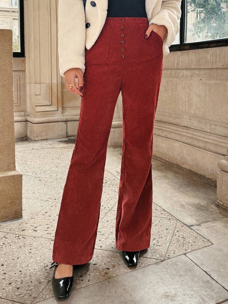 SHEIN Frenchy Pantalones Acampanados De Pana - Color caoba - Añade 1