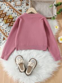 SHEIN Suéter De Cuello Redondo Casual De Color Sólido Para Niñas, Adecuado Para Varias Ocasiones - Rosa - Ver 2