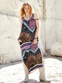 Bohemela 度假風全印花雙口袋開衩收口肩帶背心裙