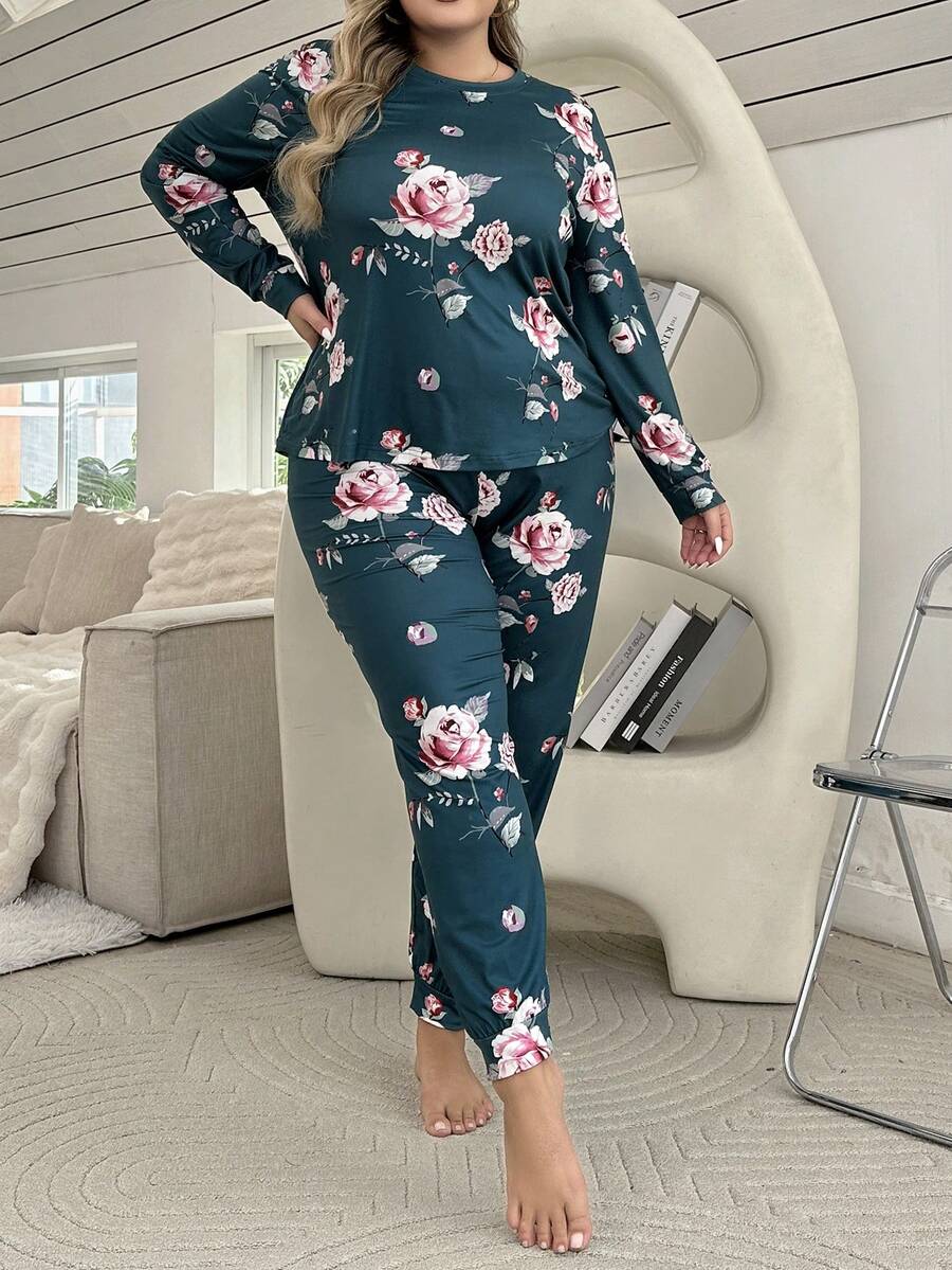 Women's Plus Size Floral Printed Long Sleeve Top And Long Pants Pajama
