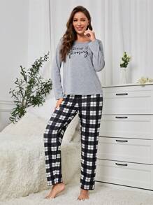 女性簡約多用字母印花上衣＆格紋長褲家居套裝 - 灰色 - 查看 3