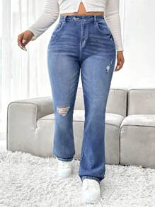 SHEIN EZwear Plus Size Distressed Water Washed Flared Jeans - Medium Wash - View 4