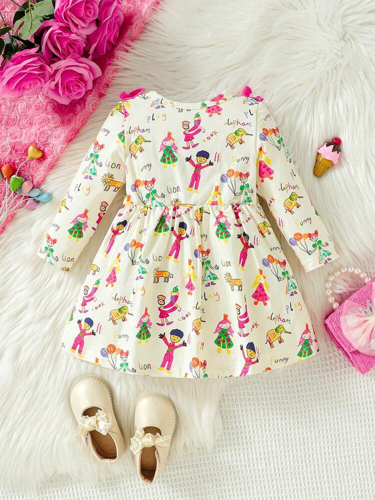 Baby Girls' Cartoon Printed Color-block Dress With Ruffle Trim And Bow Decoration