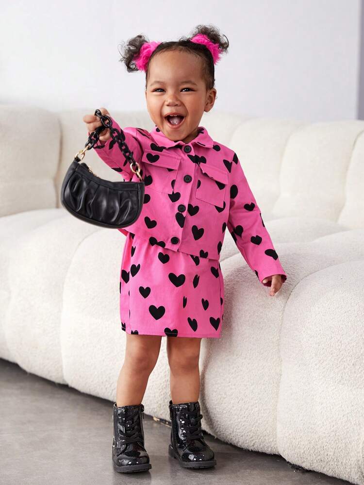 Baby Girl Casual Heart Pattern Long Sleeve Blouse With Elastic Waist Skirt Set