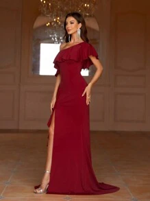 SHEIN Belle Asymmetrical Neckline Color Clash Sheer Panel Hollow Out Lace & Ruffle Decorated High Slit Hem Evening Party Dress - Burgundy - View 6