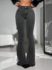 SHEIN ICON Casual Low Waist Slim Fit Flared Jeans With Frayed Hem