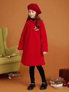 Tween Girls' Fashionable Graffiti Embroidery Sherpa Lined Qipao Dress With Buttons, Autumn Style