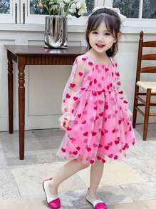 SHEIN Young Girl Long Sleeve Mesh Heart Patterned Dress - Pink - View 3