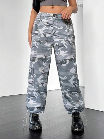 SHEIN EZwear Plus Size Camouflage Printed Straight Leg Flap Cargo Pants