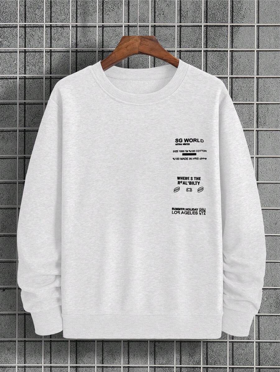 RueChic Men's Round Neck Sweatshirt With Slogan Print - White - View 1
