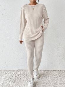 SHEIN Frenchy Nút Đồ trang trí Tay áo dài Áo thun Và Quần Bộ - Màu be - Xem 4