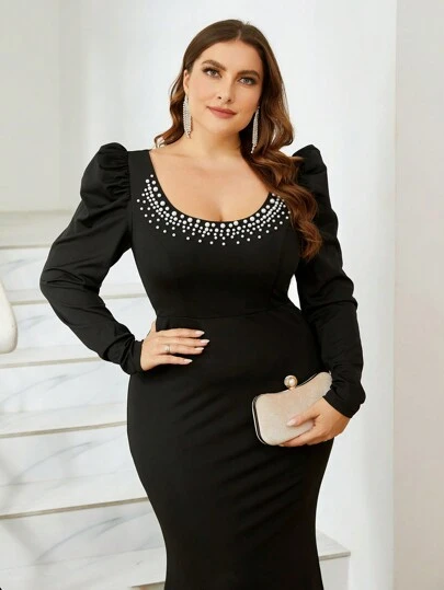 SHEIN Belle 大码珍珠装饰美人鱼晚会礼服，带羊腿袖，黑色优雅长袖正式舞会婚礼宾客礼服，适合毕业典礼、晚宴