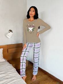 RueChic Của phụ nữ Dễ thương In Gấu Kẻ sọc Bộ mặc nhà - Lạc đà - Xem 4