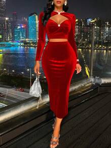 SOLERSUN Solid Color Velvet Two-Piece Set - Red - View 3