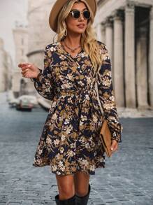 SHEIN Clasi Floral Print Overlap Collar Bishop Sleeve Belted Dress Fall Cloth For Women