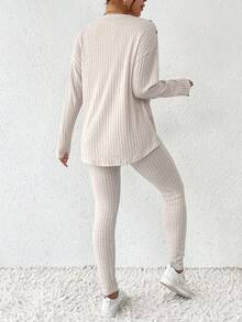 SHEIN Frenchy Nút Đồ trang trí Tay áo dài Áo thun Và Quần Bộ - Màu be - Xem 2