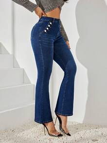 女款扣細節喇叭牛仔褲 - 藍色 - 查看 5