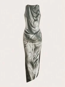 SHEIN ICON Nhuộm buộc Mẫu Lưới Gợi cảm Đầm - màu nâu - Xem 2