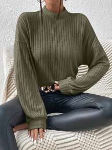 SHEIN Frenchy 純色肋針立領長袖t恤 - 墨綠色 - 查看 1