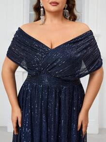 YISIKADO Plus Size Women's Glittery V-Neck Capelet Short Sleeve Party Evening Dress Elegant Formal Prom Wedding Guest Gown, For Graduation, Dinner - 藏蓝色 - 查看 6