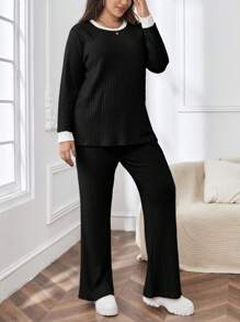 SHEIN Essnce 加肥碼拼接邊緣長袖休閒2入組 - 黑色 - 查看 3